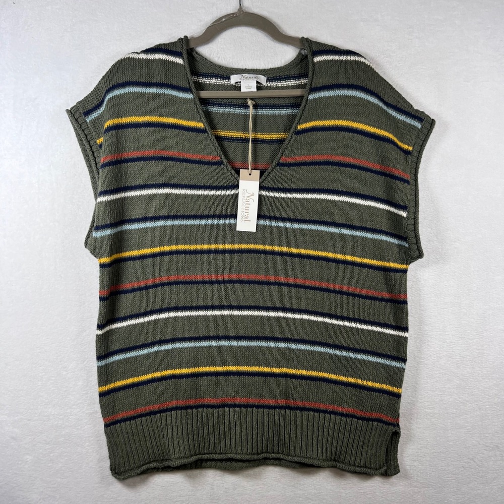 Natural Reflections Women Dusty Olive Striped Cotton V-Neck Sweater Vest L NWT